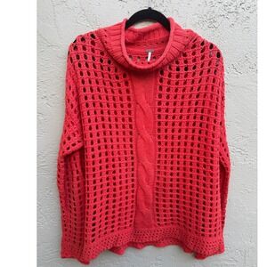 Free People Red Crochet Knit Cable Knit Roll Cowl Neck Boho Oversized Sweater